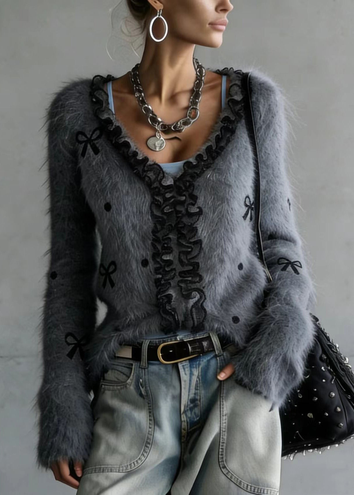 Grey Ruffled Patchwork Faux Fur Fluffy Knitted Top Spring