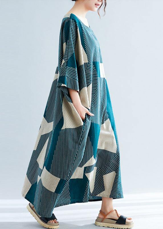 Green Striped O-neck Loose Summer Bat Wing Sleeve Summer Dress