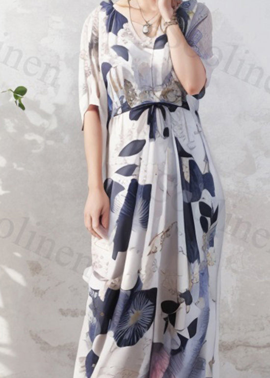 Loose O-neck Print Wrinkled Silk Long Dress Summer
