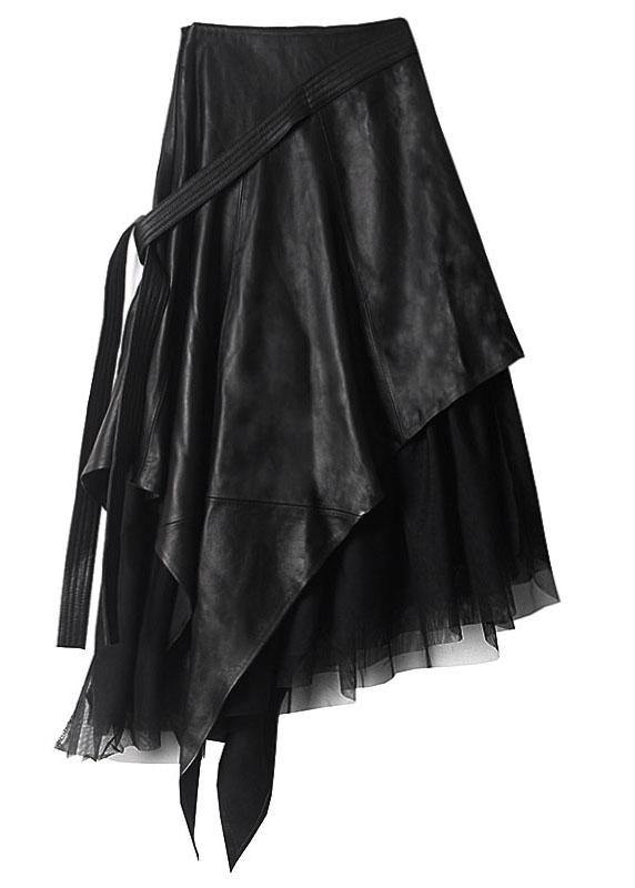 Comfy Black Patchwork Tulle Asymmetrical Design Pu Skirts