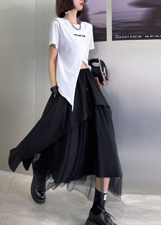 Black Elastic Waist Button Asymmetrical Tulle Patchwork Skirts Spring