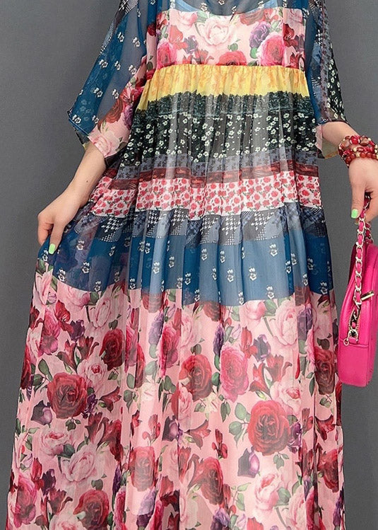 Square Collar Print Chiffon Long Dresses Short Sleeve