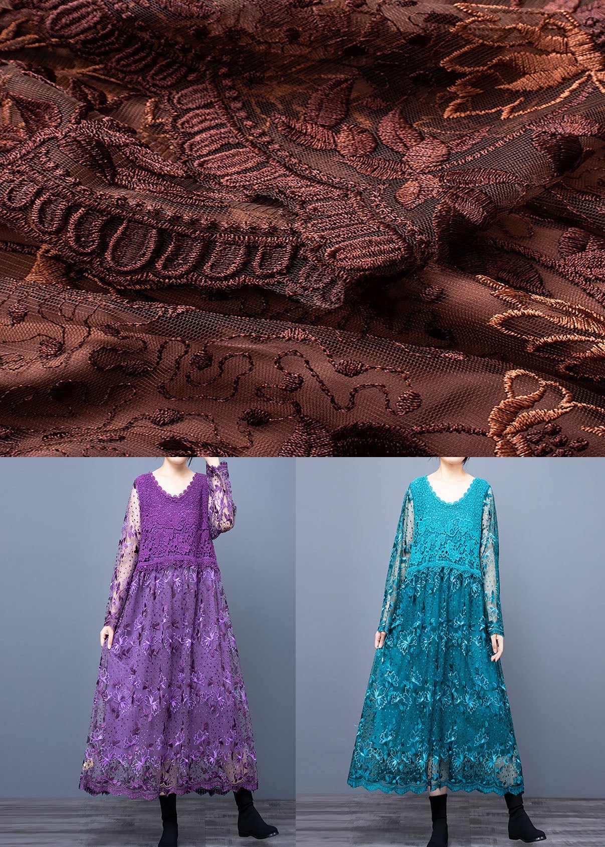 Blue O Neck Embroideried Patchwork Long Dresses Spring
