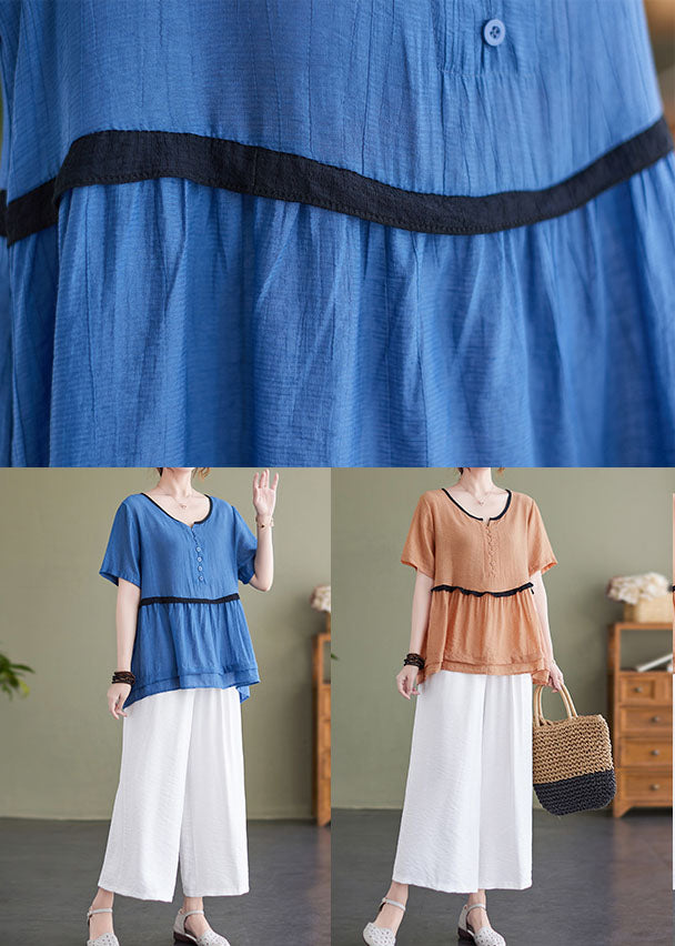 Orange O-neck Patchwork Linen Tops and Wide Leg Pants Two Pieces Set Summer