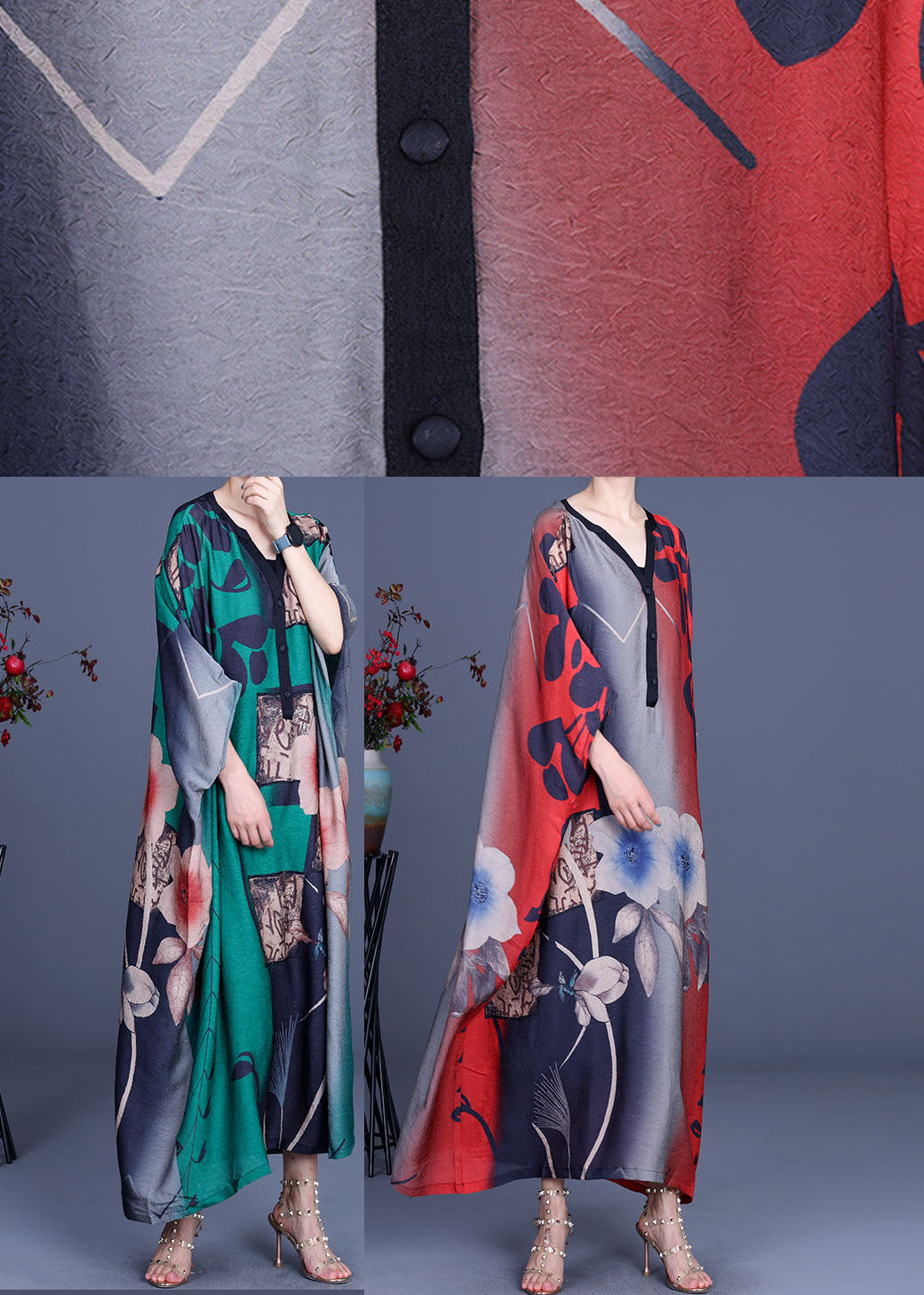 Red Button Bat Wing Sleeve Fall Vacation Dresses