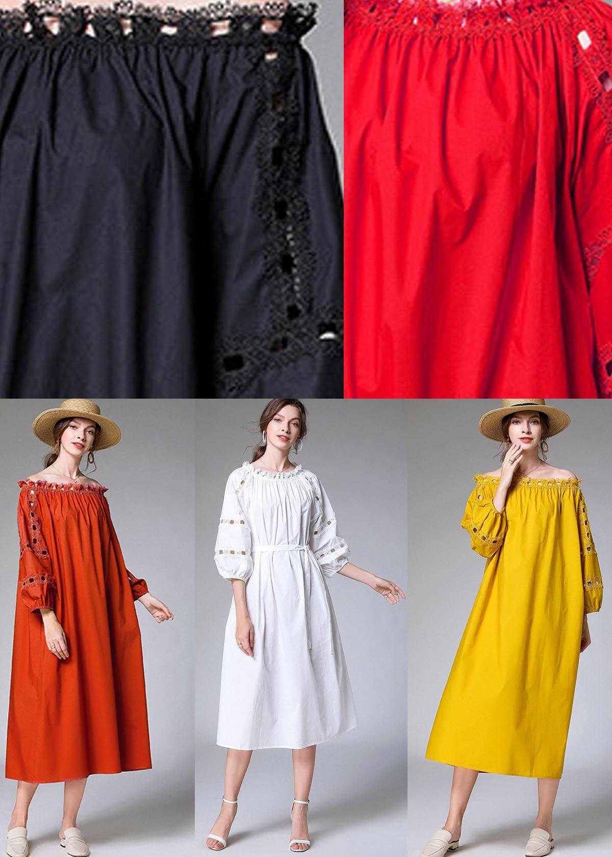 Diy White Slash Necktie Waist Cotton Fall Long Dress Half Sleeve