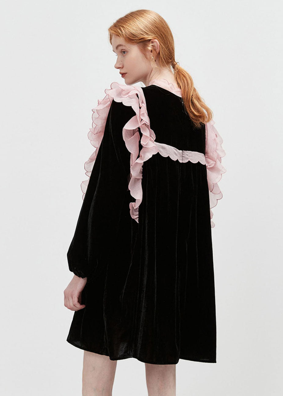 Black Stand Collar Patchwork Ruffled Velour Mid Dresses Spring