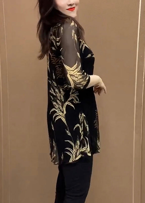Yellow O Neck Print Patchwork Chiffon Shirt Top Bracelet Sleeve