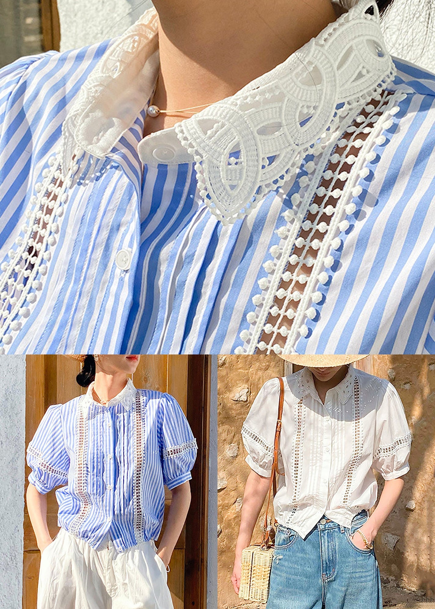 Blue Striped Hollow Out Cotton Blouses Summer