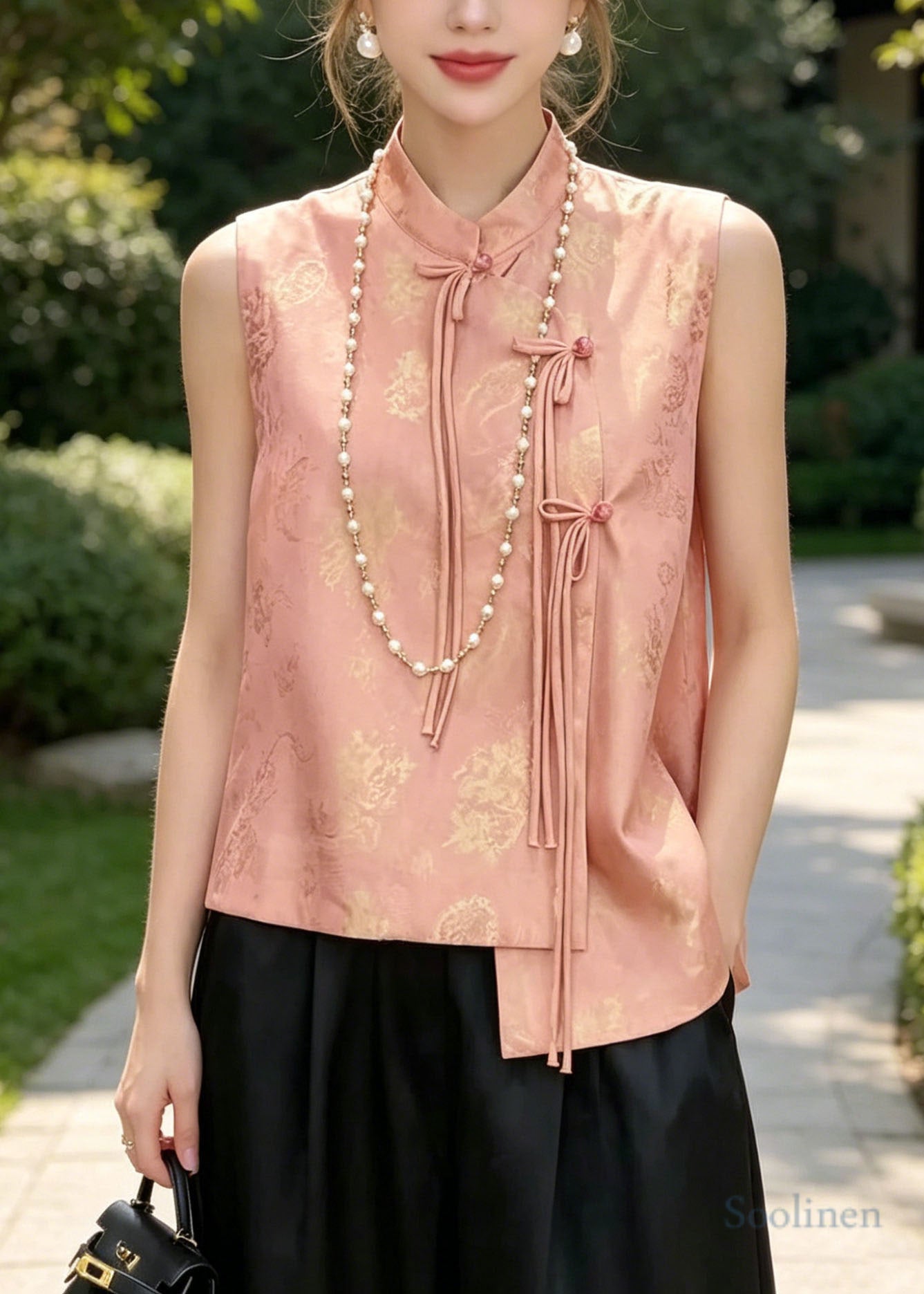 Chinese Style Pink Stand Collar Jacquard Silk Vest Tops Spring