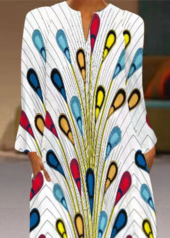 White Print Pockets Maxi Dresses Long Sleeve