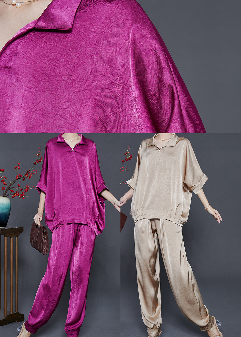 Stylish Purple Oversized Wrinkled Silk Sets 2 Pieces Summer