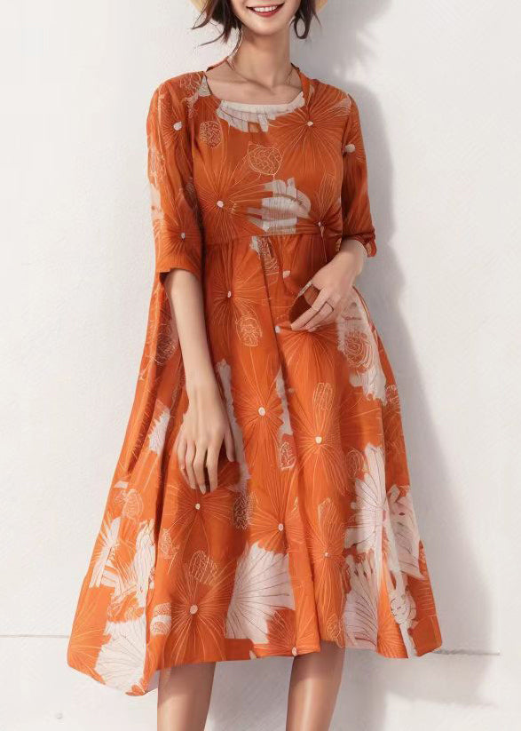 Handmade Orange O-neck Print Patchwork Silk Maxi Dress Half Sleeve