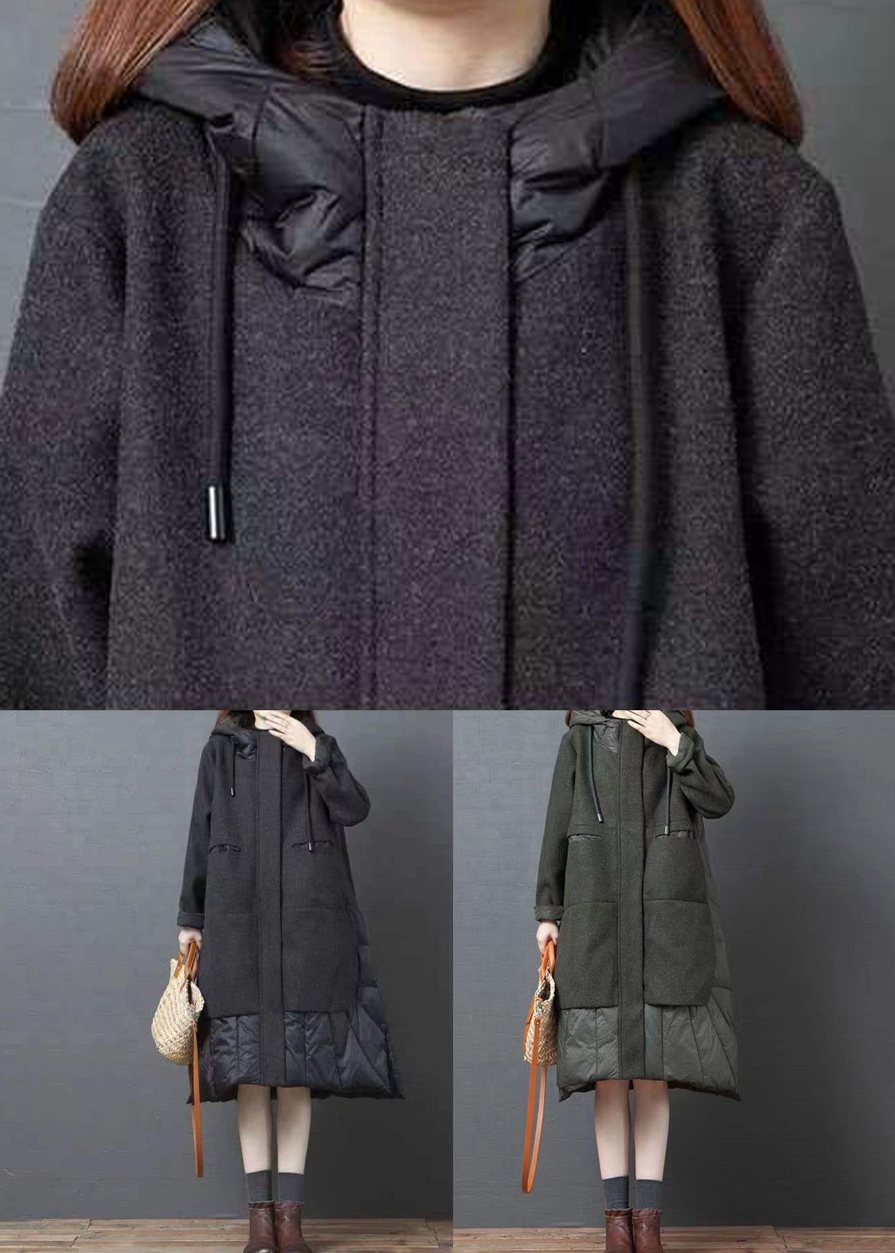 Green Pockets Patchwork Thick Long Coat Zip Up Long Sleeve