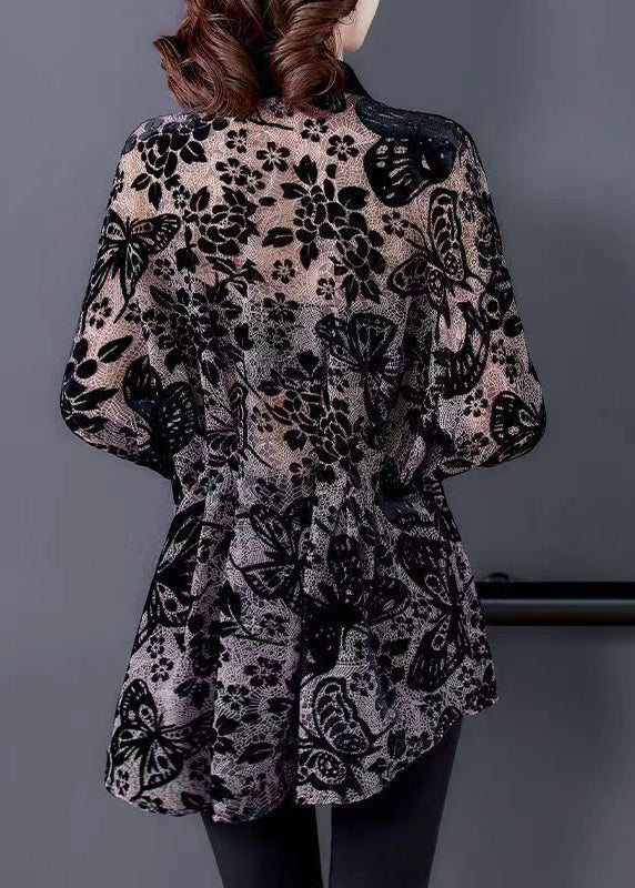 Black Peter Pan Collar Print Patchwork Velour Shirts Tops Fall
