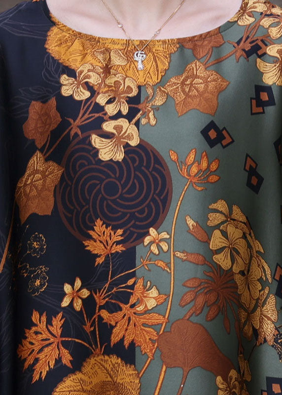 Style Green O-neck Oversized Print Silk Vacation Dresses Batwing Sleeve