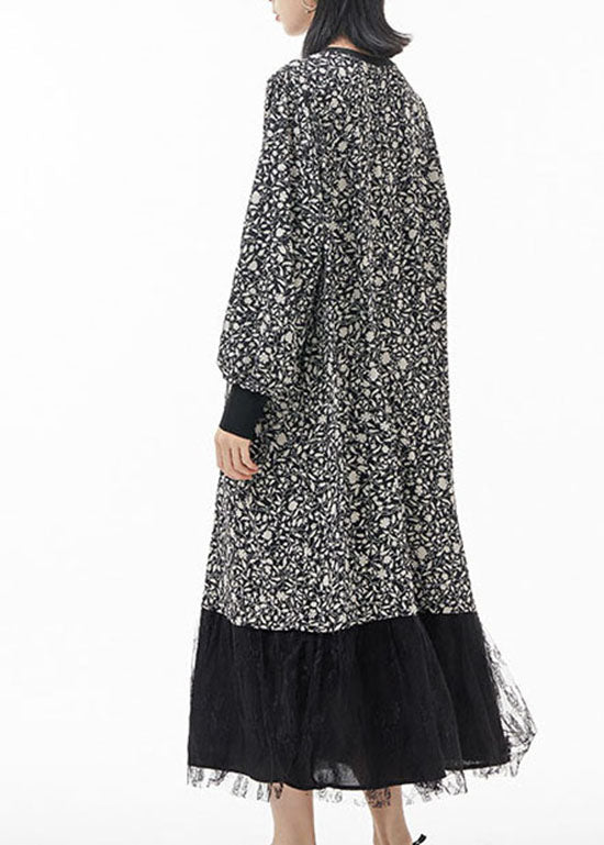 Black O-neck Print Tulle Patchwork Silk Party Dress Spring