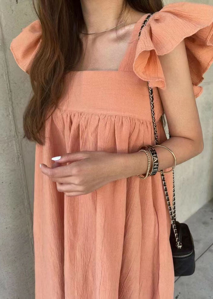 Orange Square Collar Oversized Cotton a Line Dresses Butterfly Sleeve