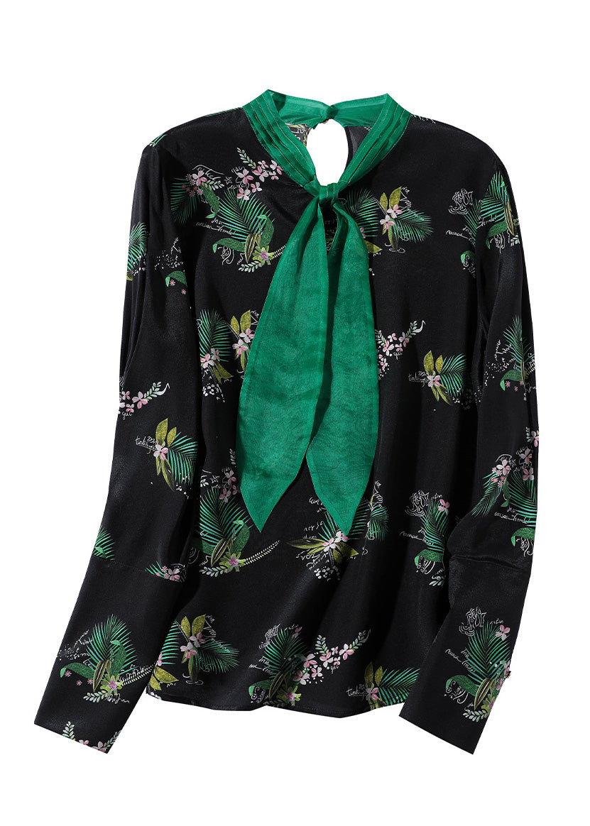 Black Stand Collar Print Silk Shirt Spring