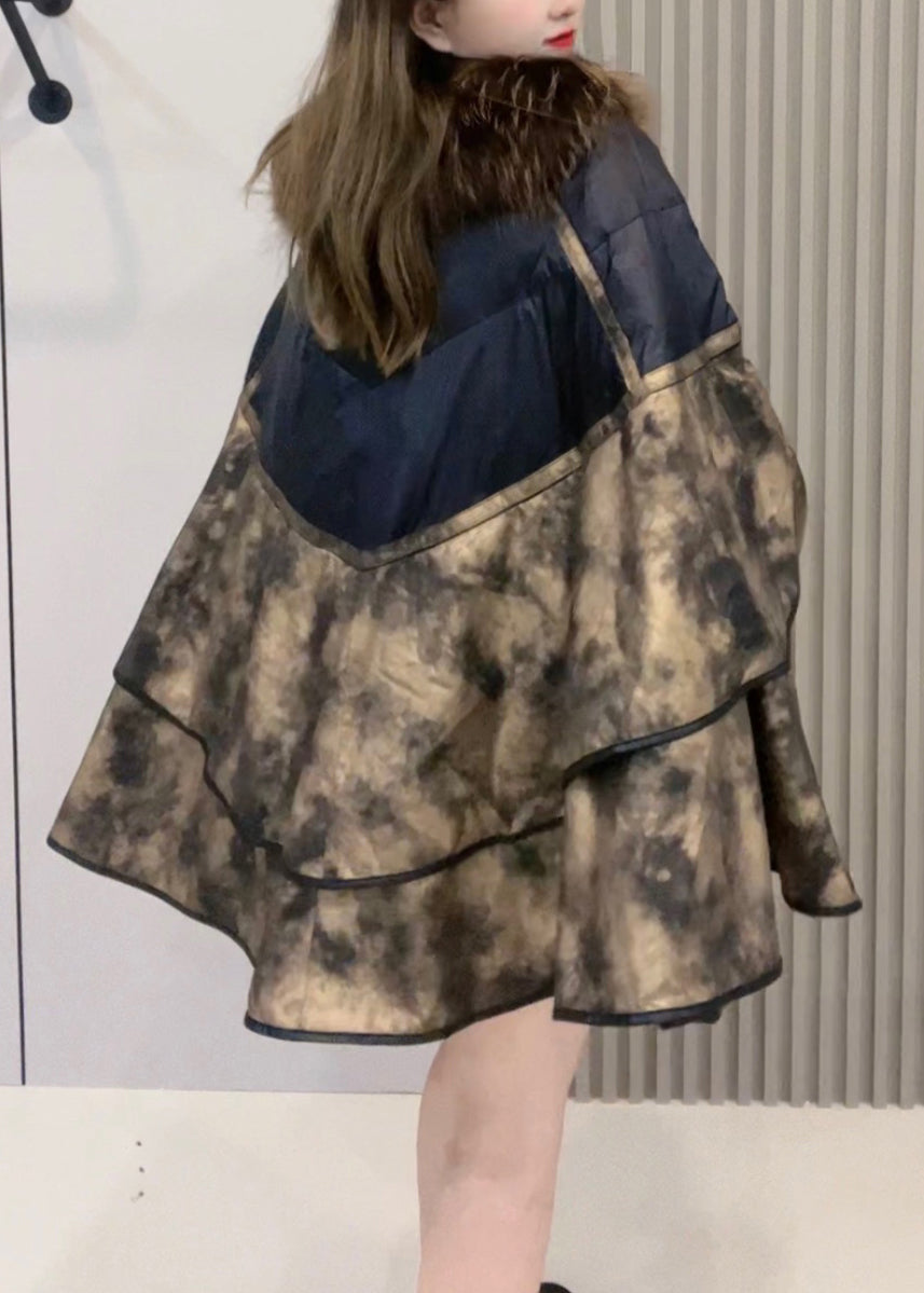 Loose Colorblock Fur Collar Duck Down Patchwork Leather and Fur Coats Winter