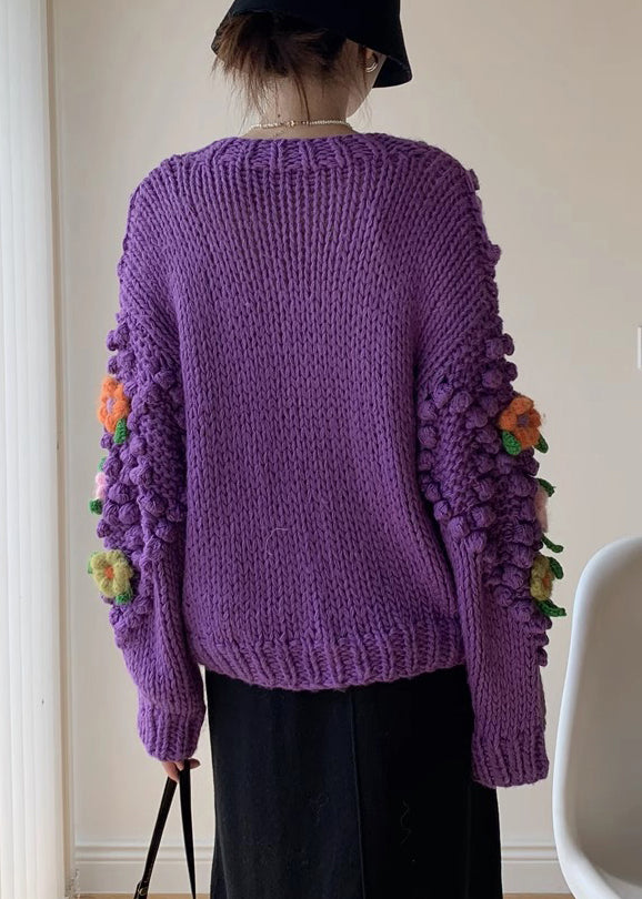 New Purple Button Patchwork Knit Coat Winter