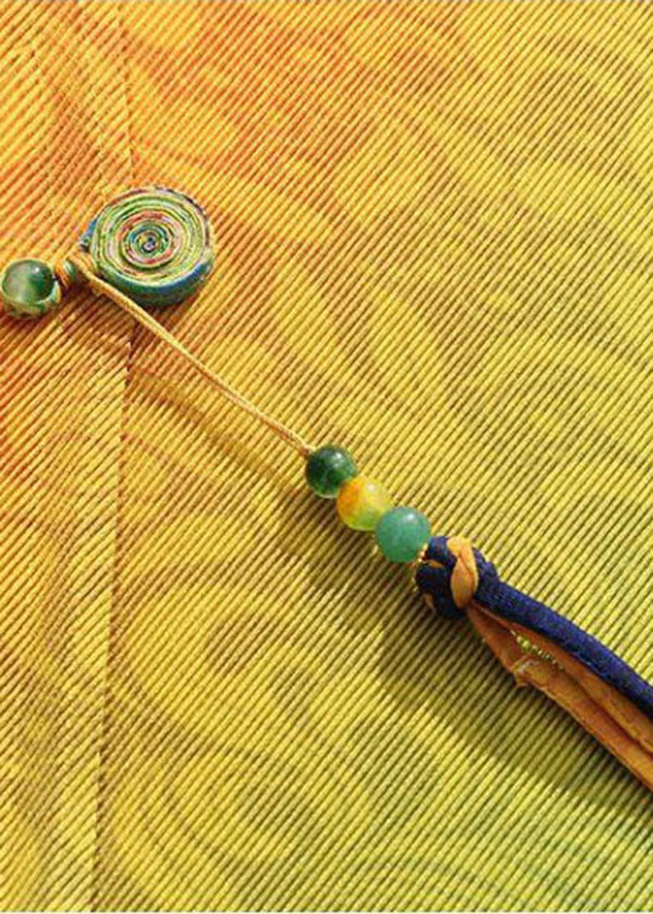 Blue Gradient Color O-neck Tassel Wrinkled Silk Dresses Short Sleeve