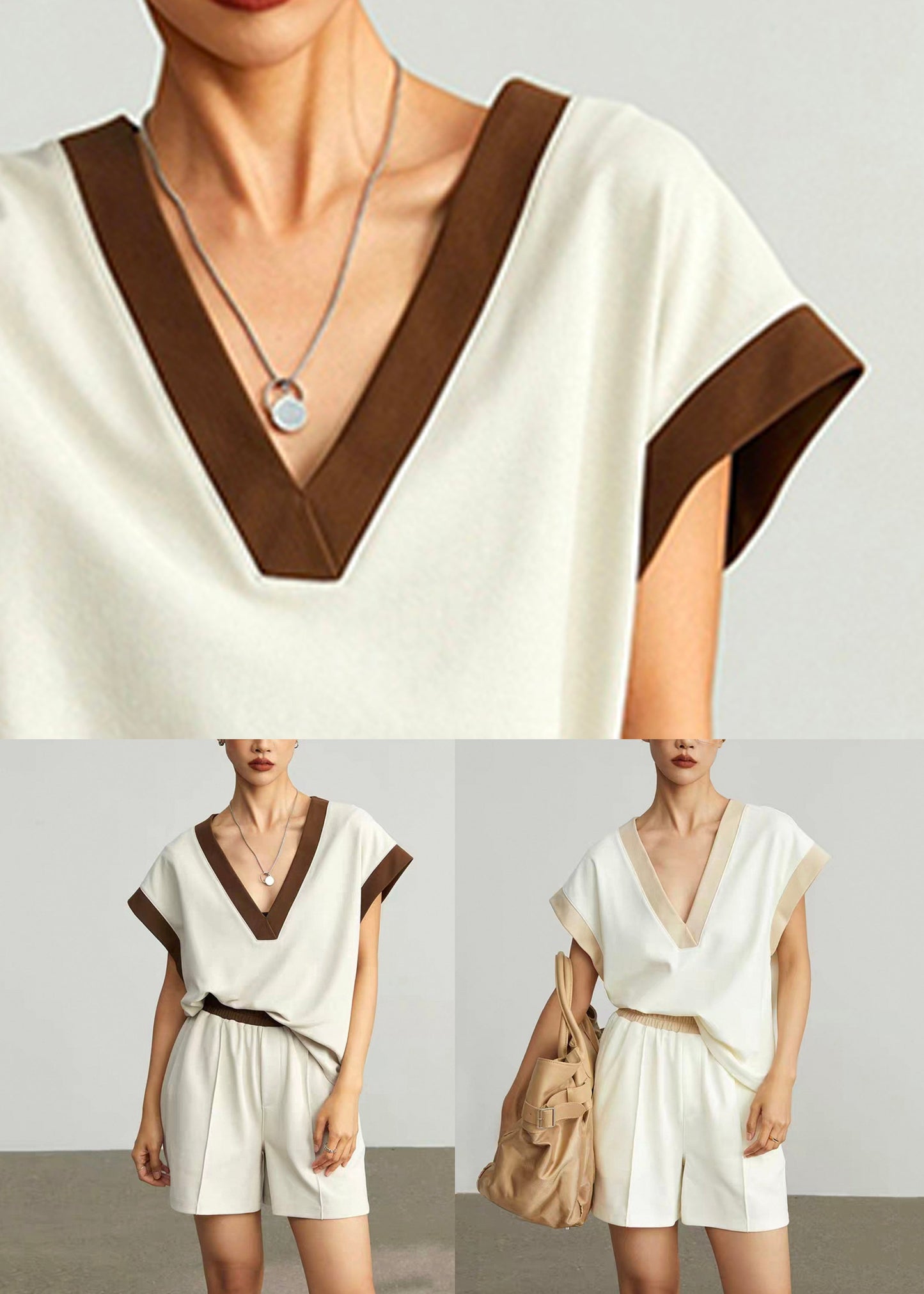 Apricot Pockets T Shirt and Shorts Cotton Summer Two Pieces Set V Neck