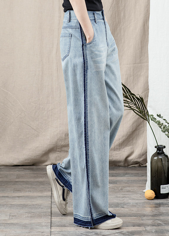 Blue Pockets Patchwork Denim Wide Leg Pants Spring
