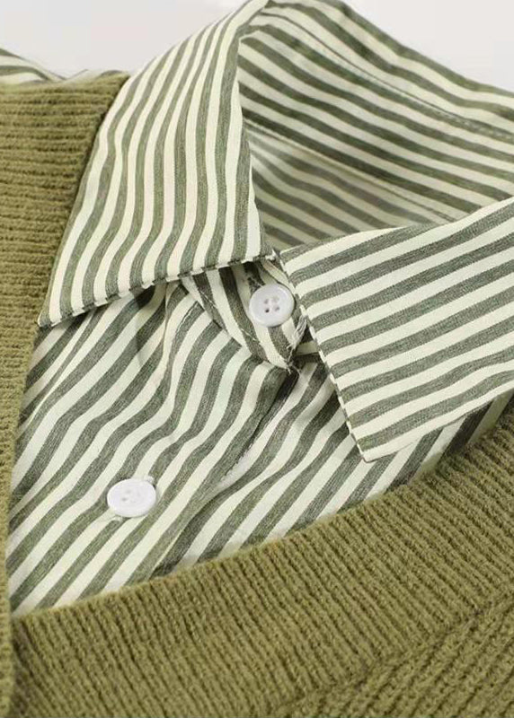 Green Button Peter Pan Collar Knit Patchwork Striped Fake Two Piece Shirt Long Sleeve