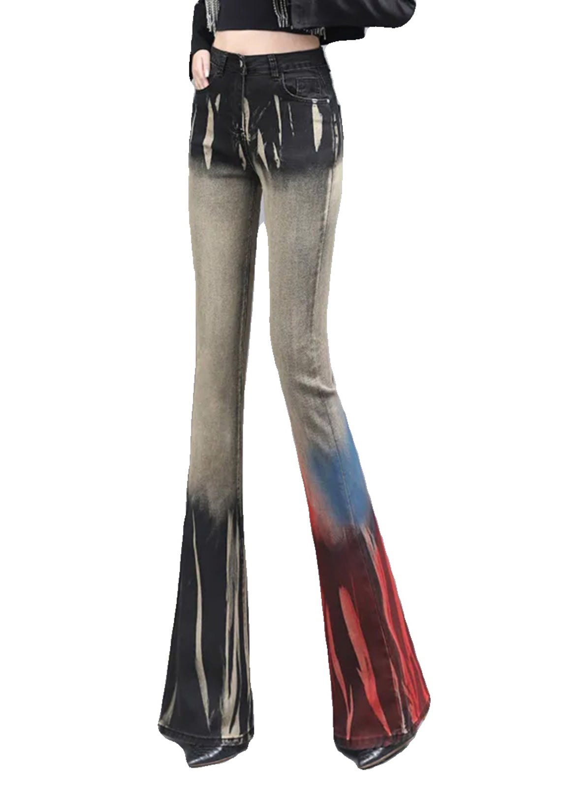 Asymmetrical Tie Dye Denim Bell-bottom Trousers Spring