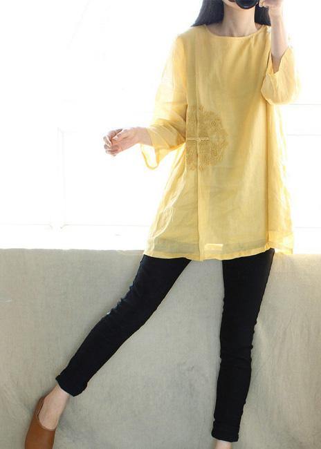 Organic Yellow Embroidery Tunic O Neck Sleeveless Art Shirts