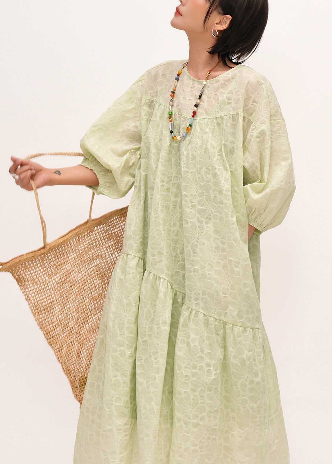 Diy Light Green Jacquard Patchwork Cotton Holiday Dress Bracelet Sleeve