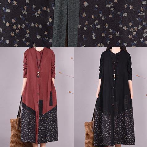 Loose O Neck Pockets Spring Clothes Design Blackish Green Patchwork Print Dresses