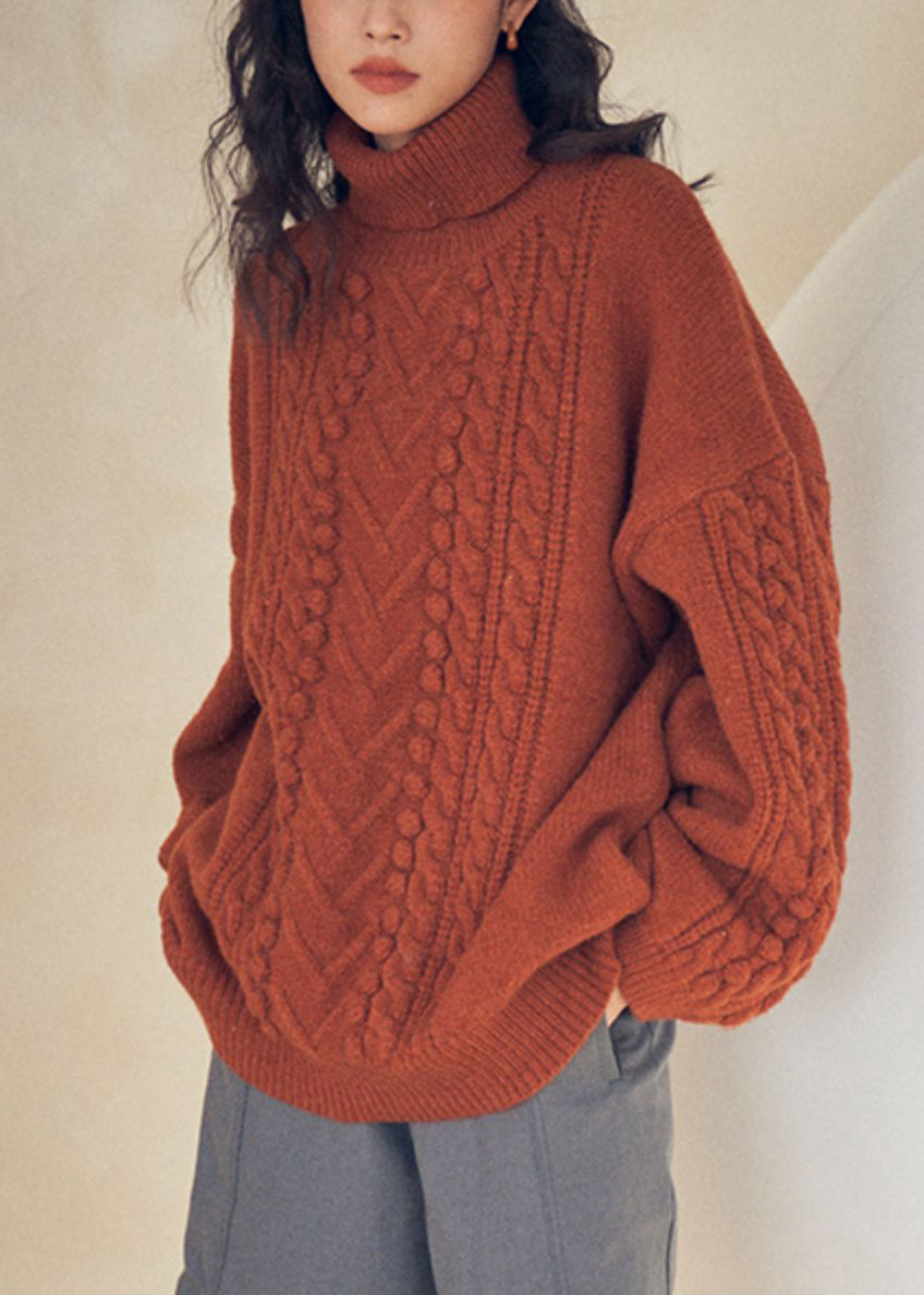 Caramel Turtleneck Patchwork Cable Knit Sweaters Top Fall