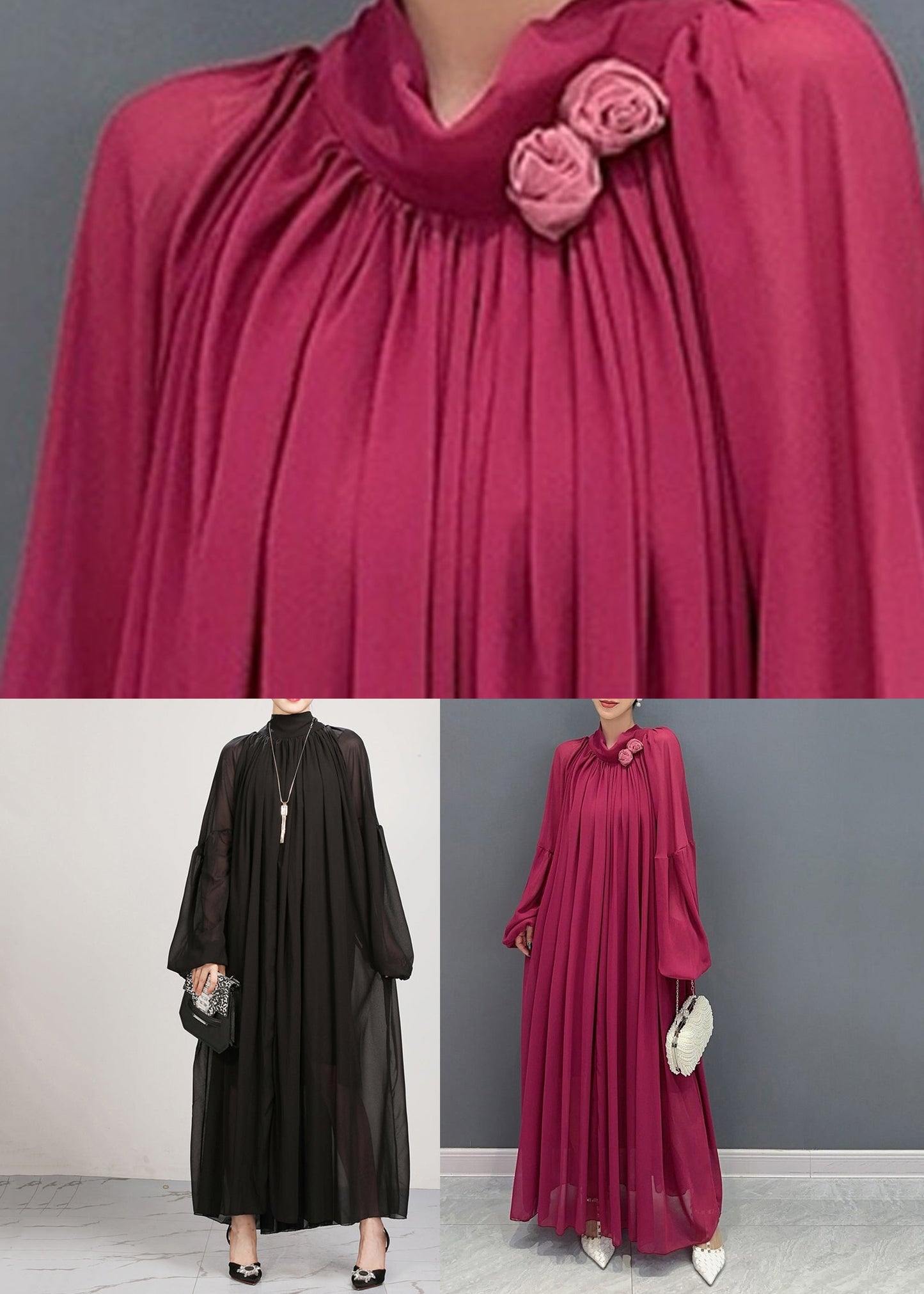 Chinese Style Mulberry Wrinkled Chiffon Long Dress Fall