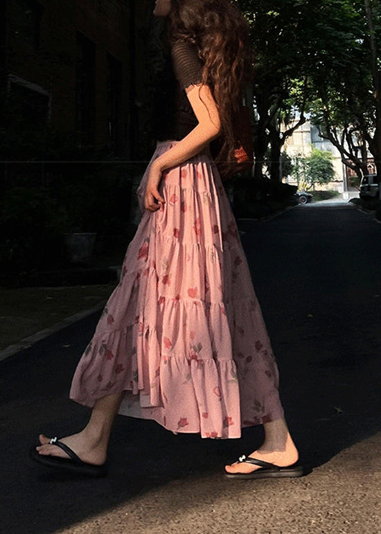 Pink Wrinkled Print Elastic Waist Chiffon Skirts Spring