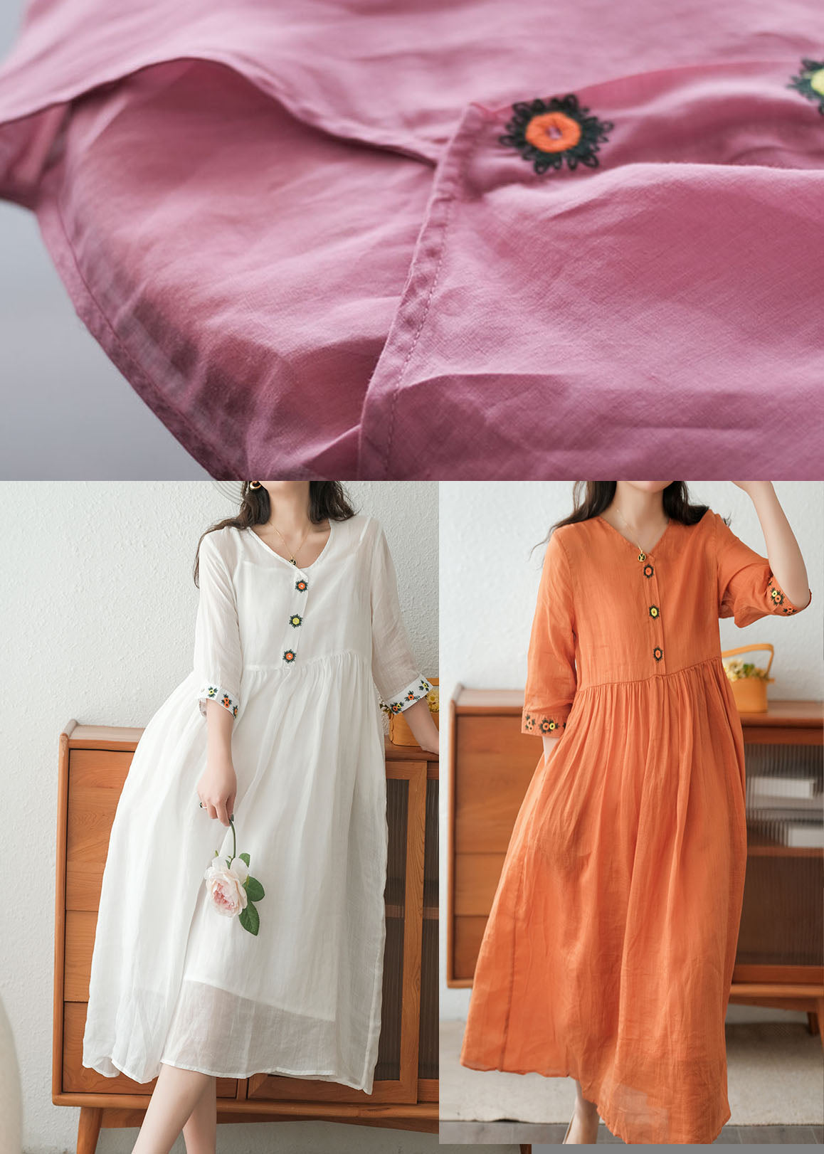 Orange Wrinkled Embroideried Linen Dress Two Piece Set Short Sleeve
