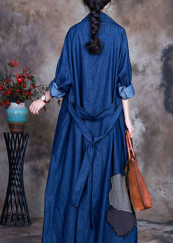 Blue Button Tie Waist Peter Pan Collar Cotton Denim Trench Coats Spring
