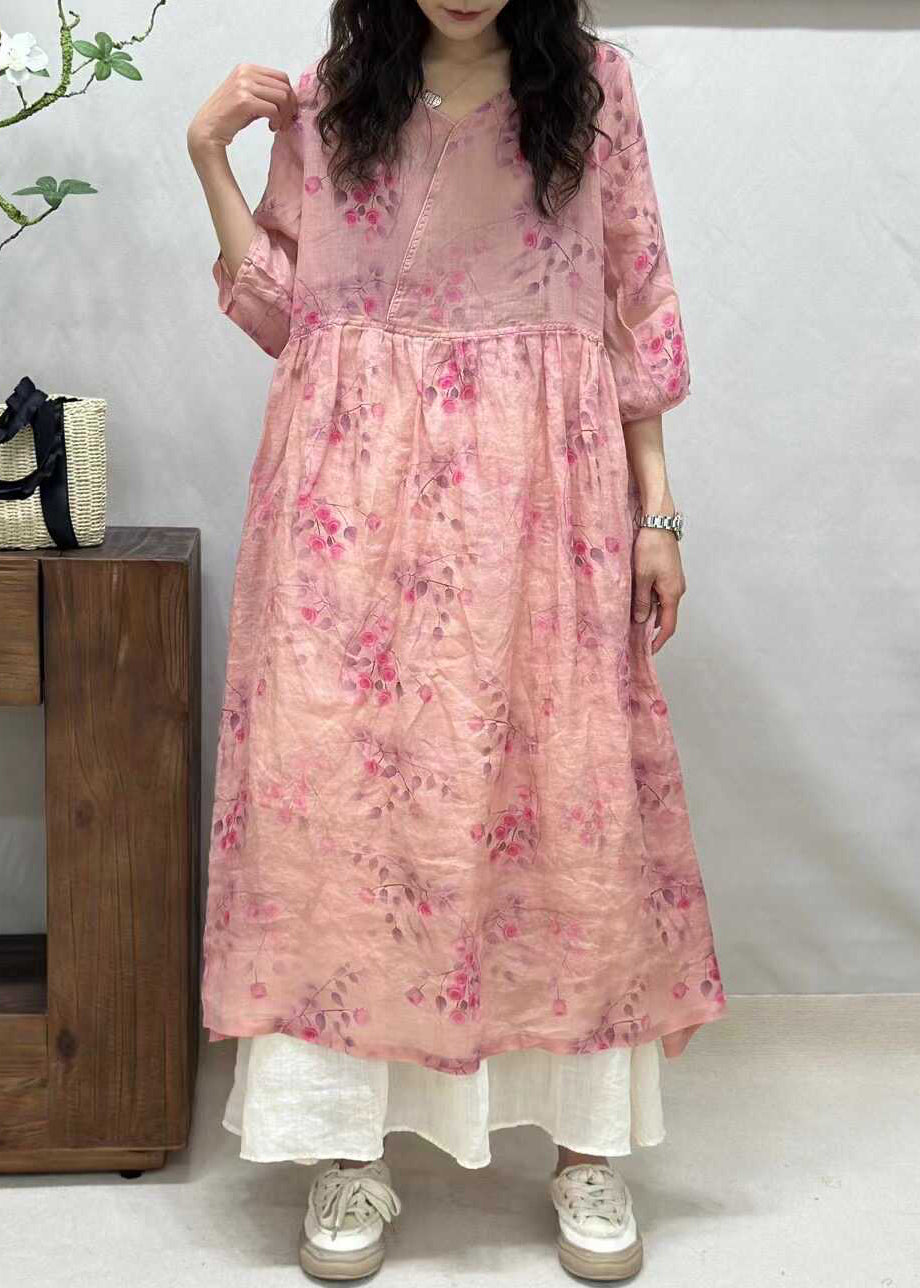 Yellow V Neck Print Linen Long Dresses Half Sleeve