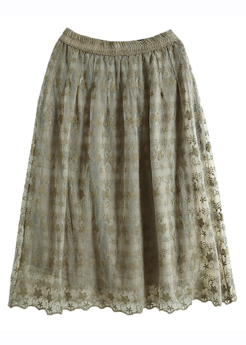 Green Elastic Waist Lace Patchwork Tulle a Line Skirt