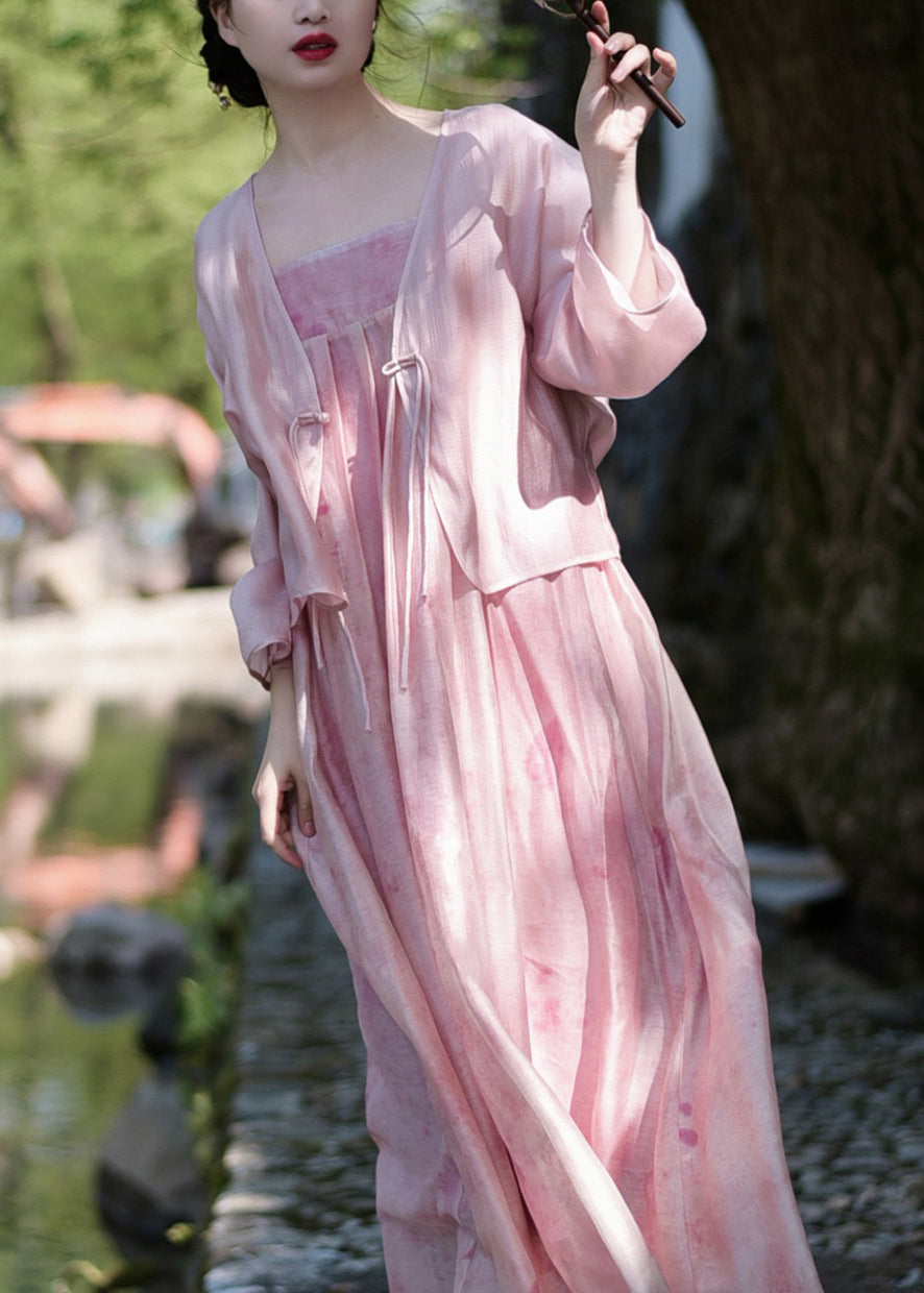 Pink Button Print Silk Linen Two Pieces Set Long Sleeve