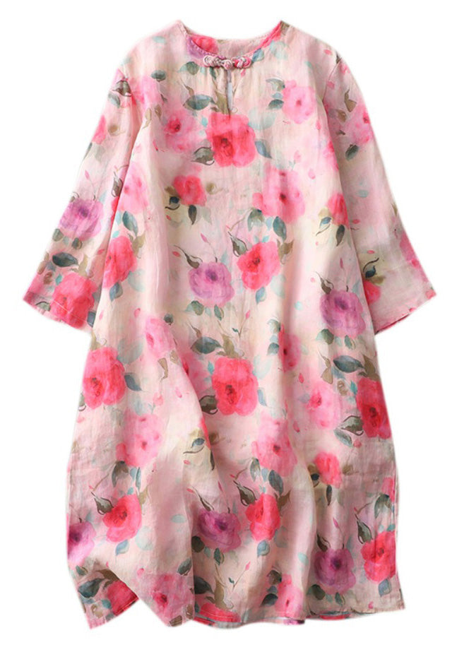 Print O-neck Button Cotton Mid Dress Half Sleeve