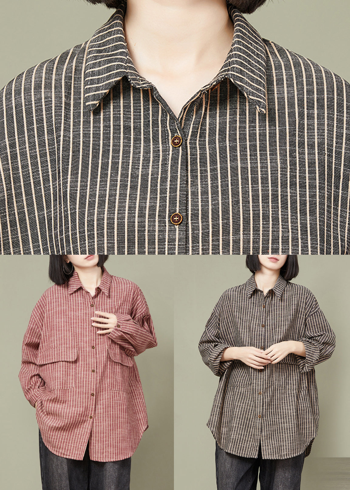 Grey Striped Button Cotton Blouse Tops Fall