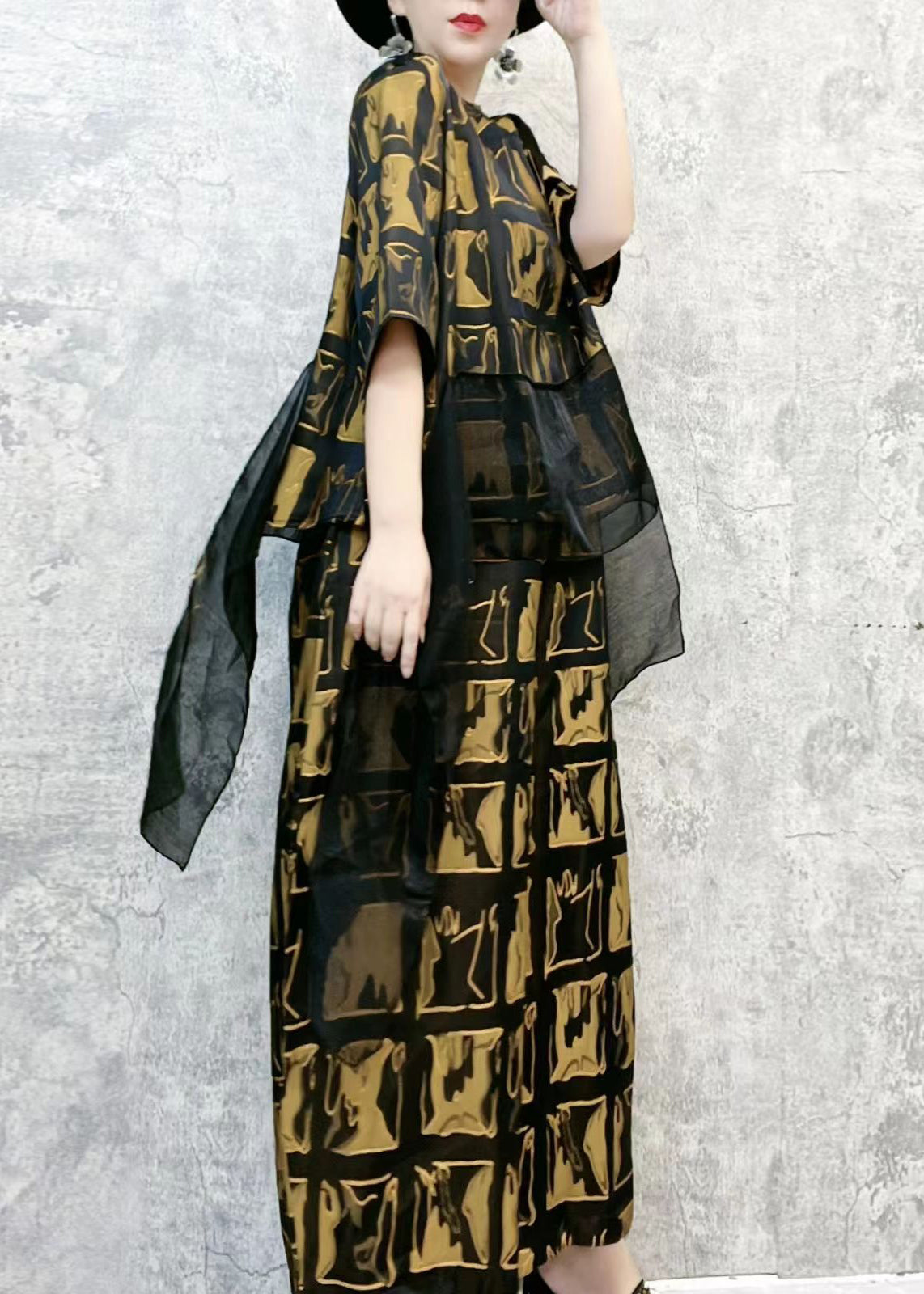 Loose Gold Ruffled Print Tops and Pants Cotton Two Pieces Set Summer