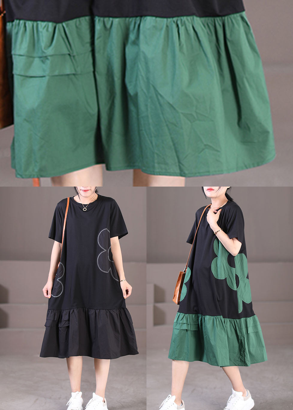 Handmade Black Green O-neck Wrinkled Cotton Long Dresses Short Sleeve