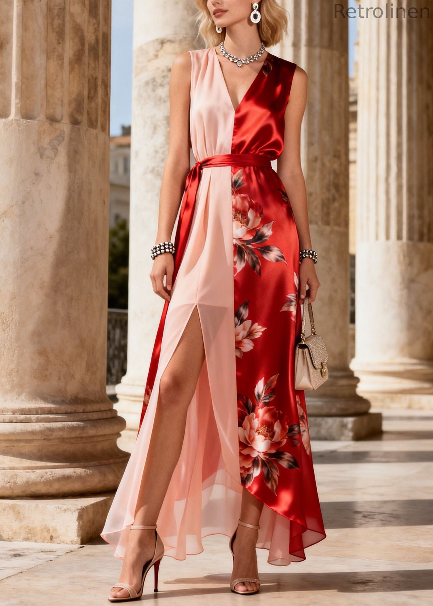 Colorblock V Neck Asymmetrical Print Chiffon Dress Sleeveless