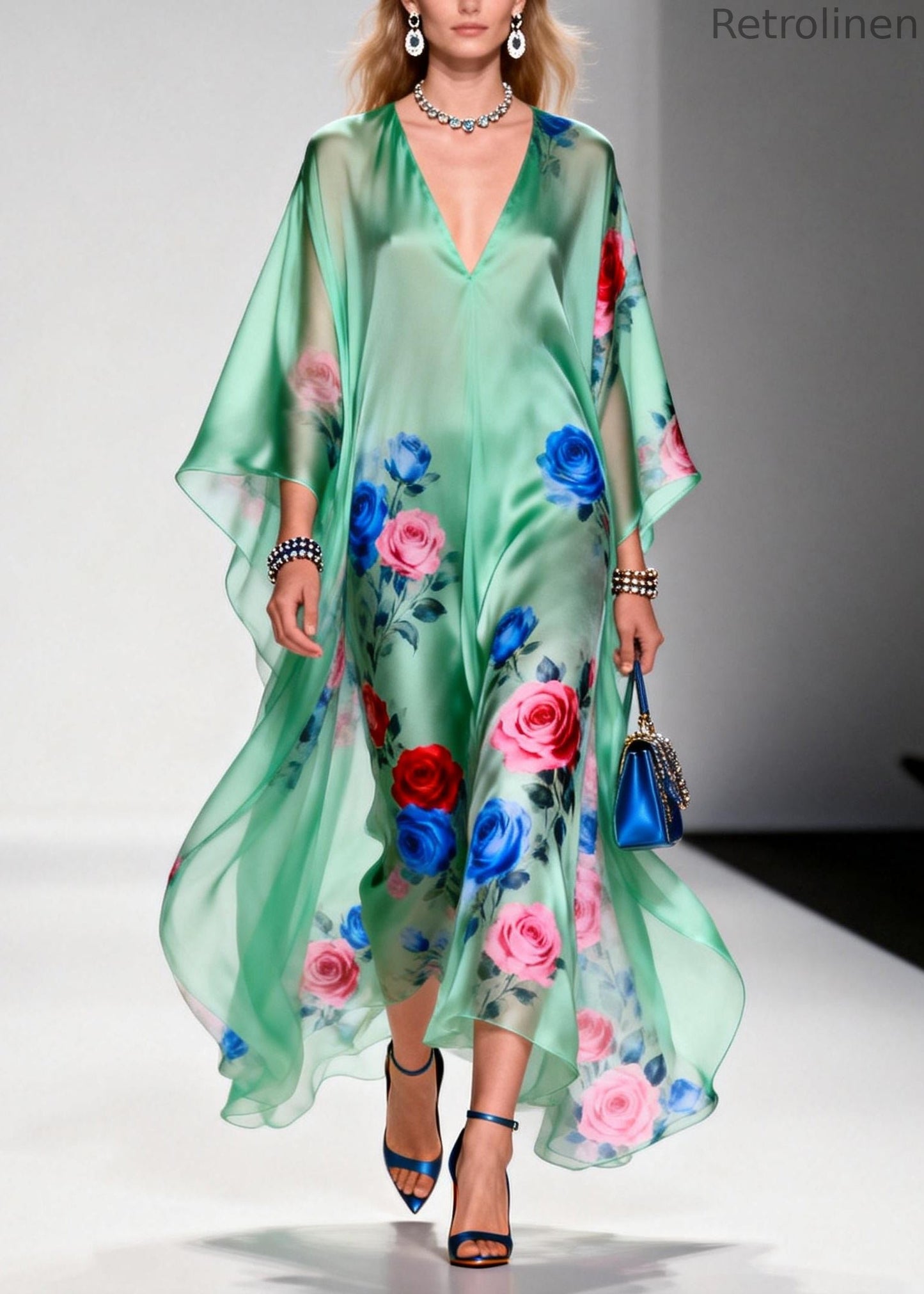 Green Oversized Print Chiffon Beach Dress Summer