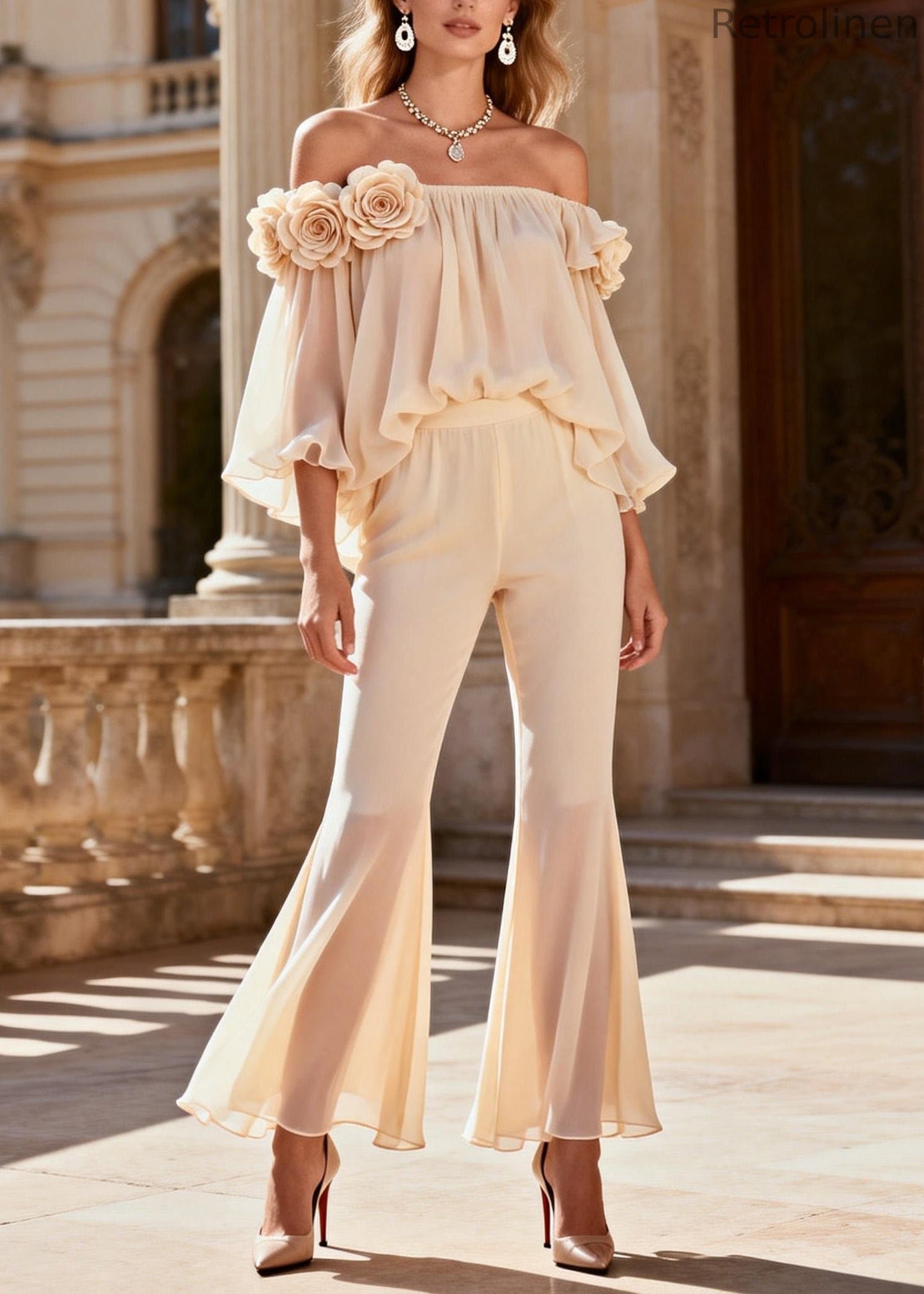 Beige Cold Shoulder Silk Two Pieces Set Summer