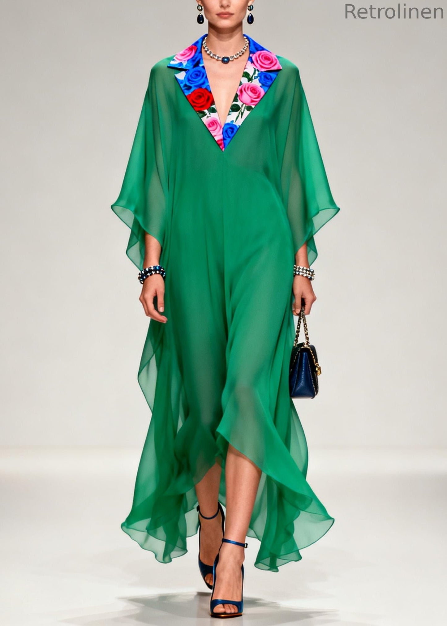 French Tea Green Notched Patchwork Chiffon Long Dresses Summer