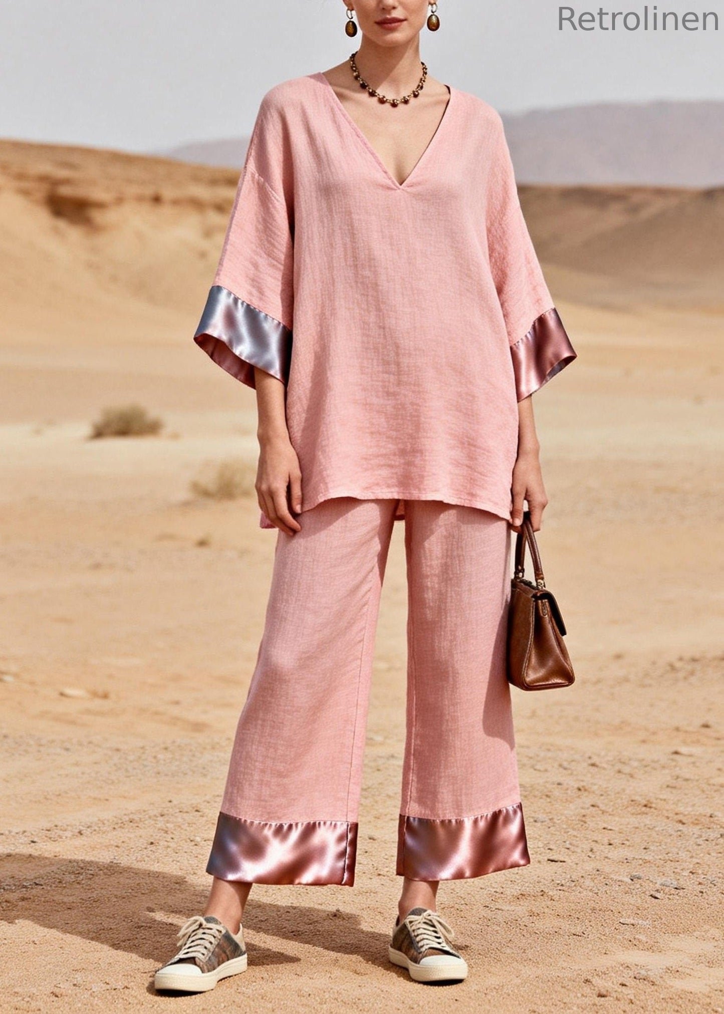 Pink V Neck Patchwork Linen Silk Two Piece Set Summer